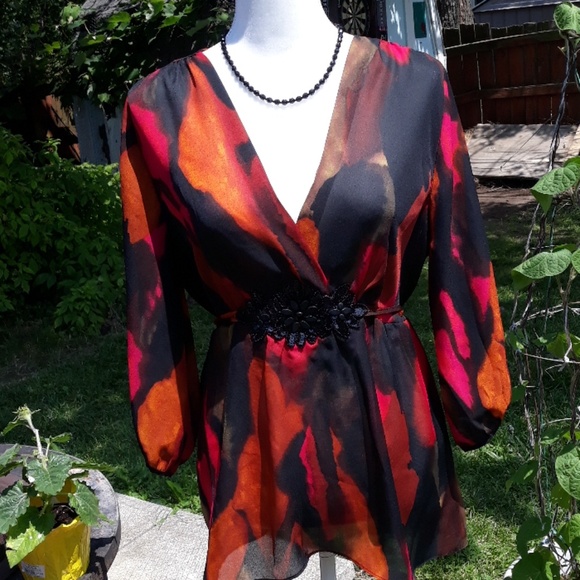 Tape Measure Tops - Tape Measure multicolored women's blouse w flowers